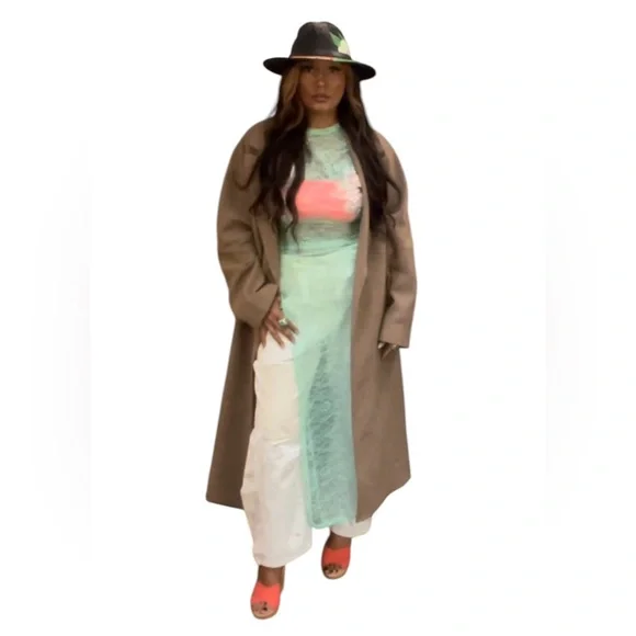 H&M Long Camel-Colored,brown, tan,beige Robe style Coat w adjustable belt,Large - Picture 7 of 7